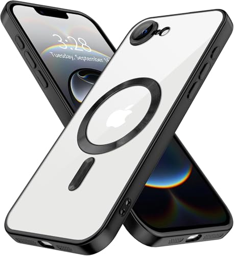 Image of VONZEE Electroplating Transparent Clear Logo Back Cover TPU Compatible with iPhone 17e / iPhone 16e Case, Compatible with Magsafe, Full Body & Camera Protection for Each Lens for Men & Women (Black)