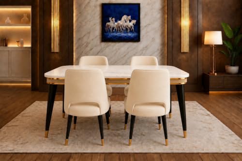 Image of WOODEN SPACE 4 Seater Wooden Dining Table Set | Urban Marble Top Dining Table with Chairs for Dining Room & Kitchen (Modern Vintage Beige) (54 x 36 x 30 inch)