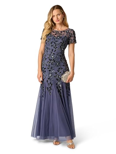 Image of Adrianna Papell Women's Beaded Gown with Godets - Floor Length Gown with Floral Embellishments & Cap Sleeves