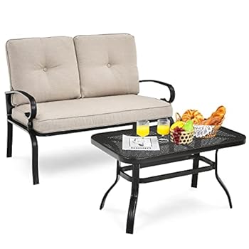 Alternative view of Giantex Patio Loveseat with Coffee Table Outdoor Bench with Cushion and Metal Frame, Loveseat Porch Furniture Set Sofa for Garden, Yard, Patio or Poolside (Light Beige & Black)