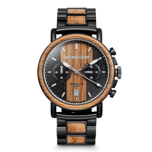 Original Grain Whiskey Black Chrono Watch 44mm Reclaimed Whiskey Barrel Wood & Matte Black Stainless Steel Chronograph Mens Watch with Date Function Handcrafted Timepiece