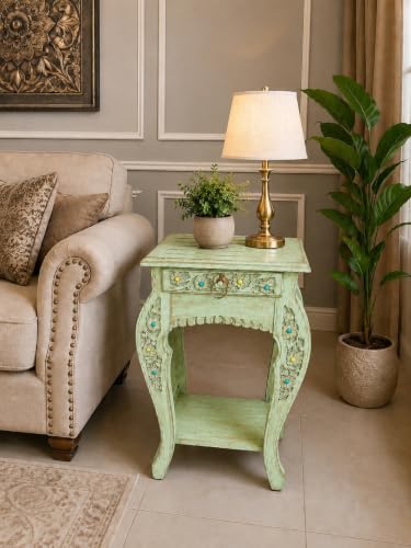 Image of Multipurpose Table Outdoor Indoor Stool Flower Vase Stool with One Drawer Material Mango Wood Size 30.5CM x 30.5CM x 53.3CM (Lite Green Antique)