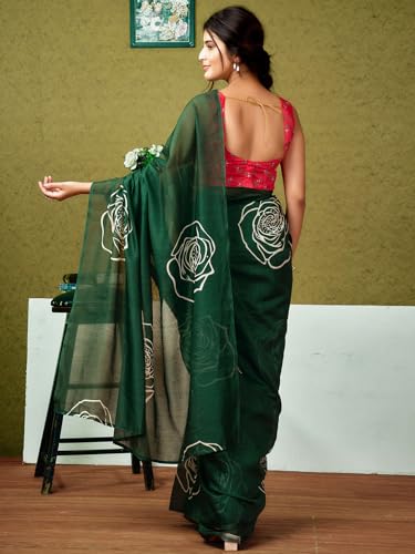 Image of Satrani Women's Chanderi Cotton Printed Ready To Wear One Minute Pre Pleated Readymade Saree with Unstitched Blouse Piece