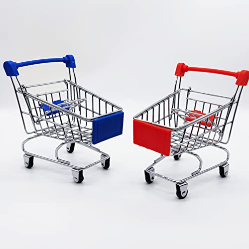 2 Pcs Mini Shopping Cart Supermarket Handcart Shopping Utility Cart Mode Storage Toy, Blue and Red - Thumbnail 2
