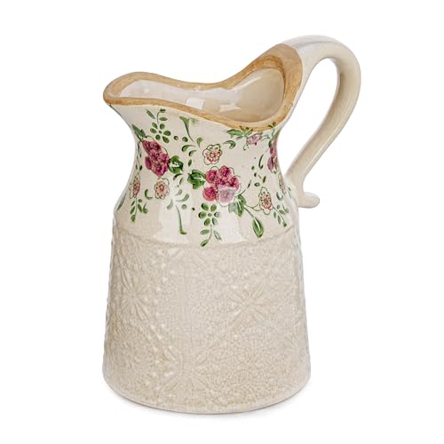 Sungmor Embossed Ceramic Pitcher Vase, Decorative Beige Farmhouse Ceramic Pitcher