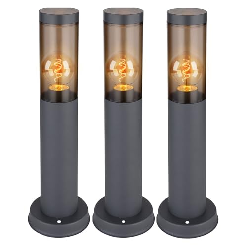 Wegeleuchte Pollerleuchte Außen Sockelleuchte Gartenlampen anthrazit, Standleuchte Balkon, Edelstahl rauchfarben, 1x E27 Fassung, DxH 7,6x45cm, 3er Set