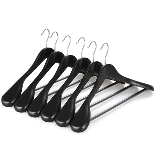 TOPIA HANGER Wide Shoulder Wooden Hangers, Suit Hangers with Non Slip Pants Bar & 360° Swivel Hook, Solid Wood Heavy Duty Coat Hanger, 6 Pack (Matte Black)-CT02B