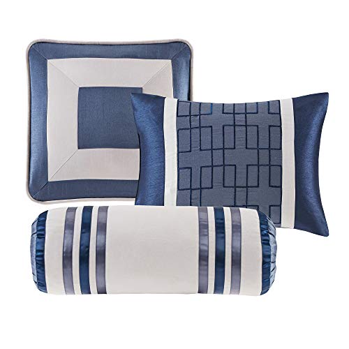 Madison Park Cozy Comforter Set-Deluxe Hotel Collection, All Season Down Alternative Luxury Bedding with Matching Shams, Decorative Pillows, King(104"x92"), Genevieve, Navy 7 Piece by Madison Park - Image 4