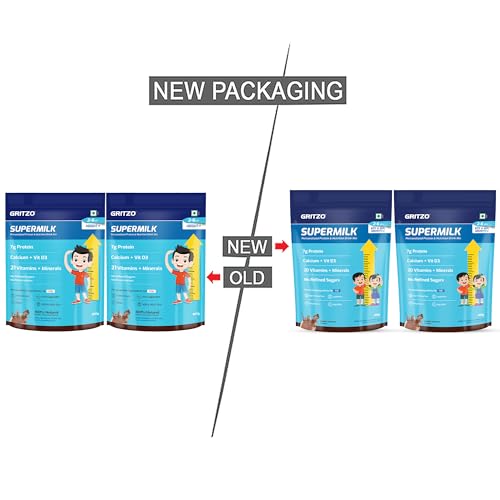 Image of Gritzo SuperMilk Growth+ (Formerly Height+) (2-6y Boy & Girl), 7g Protein Powder (Double Chocolate, 800g) | Pack of 2