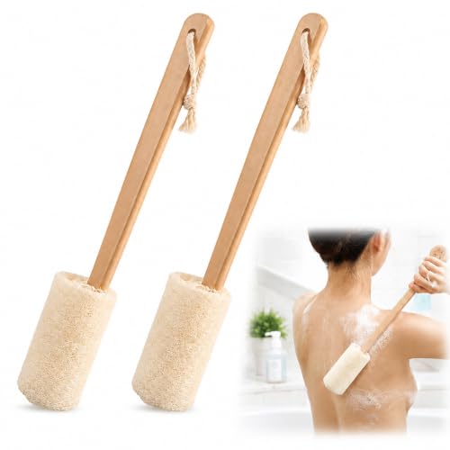 Image of 2Pcs Natural Loofah Back Scrubber with 14.57" Wooden Handle