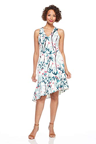 Image of Maggy London Women's Bamboo Forest Scuba Sheath with Diagonal Hem Cocktail Dress, Soft White/Flamingo, 8