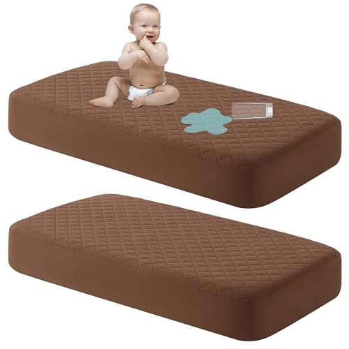 Image of NTBAY 2 Pack Waterproof Crib Mattress Protector, Quilted 28"x52" Toddler Fitted Sheet - Machine Washable - Soft and Breathable Mattress Pad Cover for Crib, Nursery, Daycare, Cot, Brown