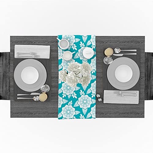 Chemin de table fleurs bleu cyan décoration de table printemps été 36x183