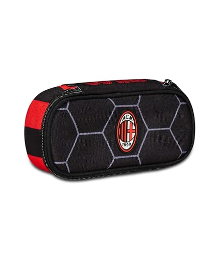 Seven Portapenne Scuola ROUND PLUS - A.C. MILAN Calcio -PATH OF VICTORY, Nero Rosso - Astuccio Scuola Monozip con Organizer Interno, Passanti Elastici - Accessori Zaino Scuola - Astuccio Bambino
