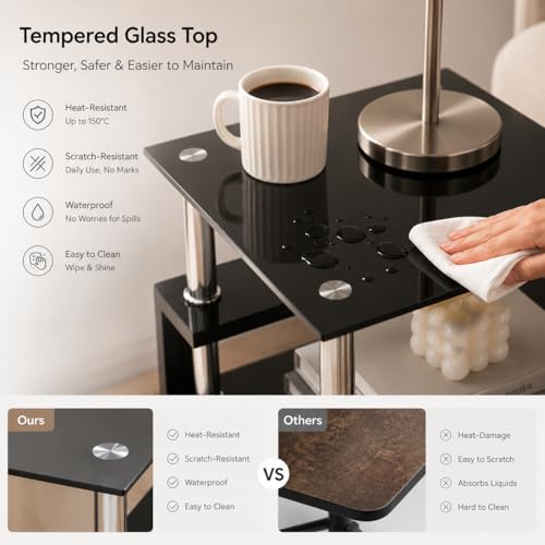 Image of Meihua Tempered Glass End Table, Black Modern Square Side Table with Metal Frame, 2-Tier Glass Accent Table for Living Room, Bedroom, Apartment & Small Spaces