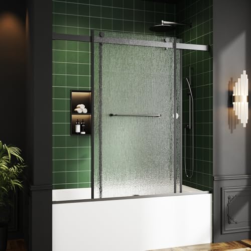 Image of Bathtub Sliding Door 60 inch W x 56 inch H, Tub Shower Door, Frameless Bypass Double Sliding Door Tempered Rain Glass with Explosion-Proof Film Stainless Steel Black