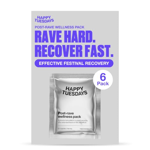 Image of Happy Tuesdays Post-Rave Wellness Packs | After Party Recovery Capsules | Supports Mood, Sleep, Energy, Focus, Tired Muscles | 5-HTP, NAC, ALA, Tyrosine, B Vitamins, Magnesium, Ashwagandha | 6 Pack