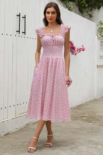 Image of Women's 2026 Spring Summer Floral Midi Dresses Square Neck Smocked Waist Beach Wedding Guest Long Flowy A Line Sundress