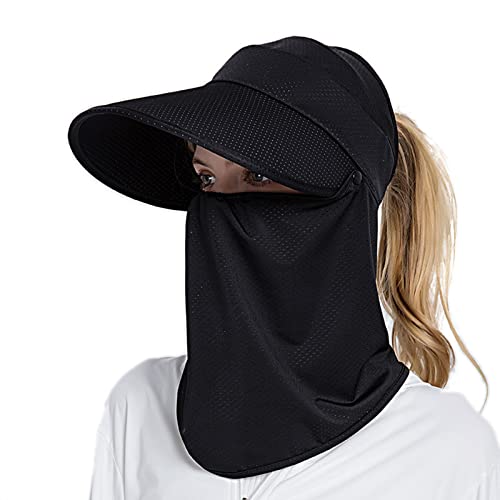 Women Wide Brim Cap for Cycling Hiking Breathable UV Protection Ice Feeling Sun Hat with Removable Neck Flap & Ponytail Hole (Black)