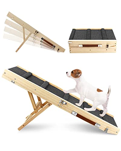 Verstellbare Hundetreppe, zusammenklappbare tragbare Haustiertreppe aus Holz, 85 cm lang und von 25 bis 48 cm einstellbar mit rutschfester Trittmatte, Katzentreppe für Auto, Bett, Couch (Grau)