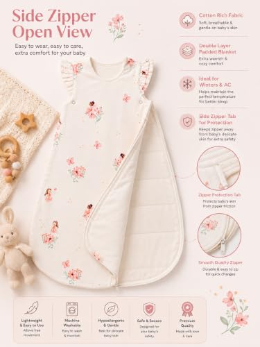 Image of TuddyBuddy Baby Cotton Wearable Quilted Sleeping Bag Blanket 1.5 Tog with 1 Way Zipper Closure | Ideal for Babies & Kids Hypoallergenic Fabrics | (Pink Angel - Frill Sleeves - Off White, 2-3 Years)