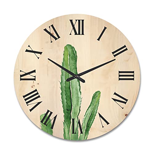Designq 'Green Cactus South Western Plant' Tropical Wood Wall Clock Large Decorative Floral & Botanical Wall Clock Oversized Wood Clocks For Living Room Décor #TOP19