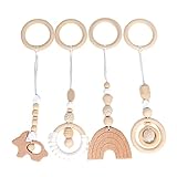 ▶【Conjunto de 4 piezas】El paquete incluye 4 juguetes colgantes de madera con diferentes formas lindas, suficientes para que los bebés jueguen en el gimnasio. Se puede usar solo como un juguete sensorial.