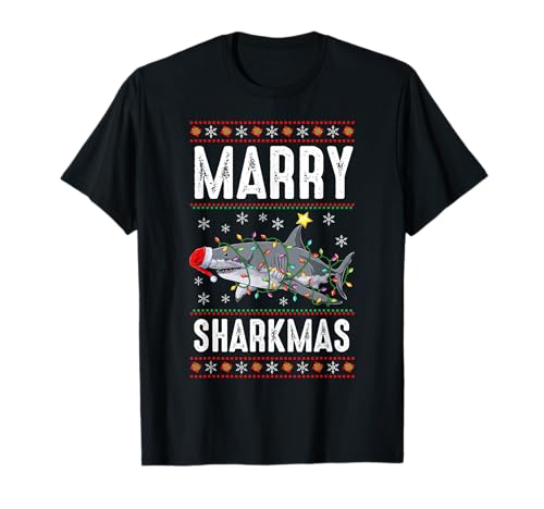 Festive Shark Christmas Apparel Co. Maglietta Design Natalizio Divertente Con Squalo Sposato, Unisex, Nero, S, Manica Corta