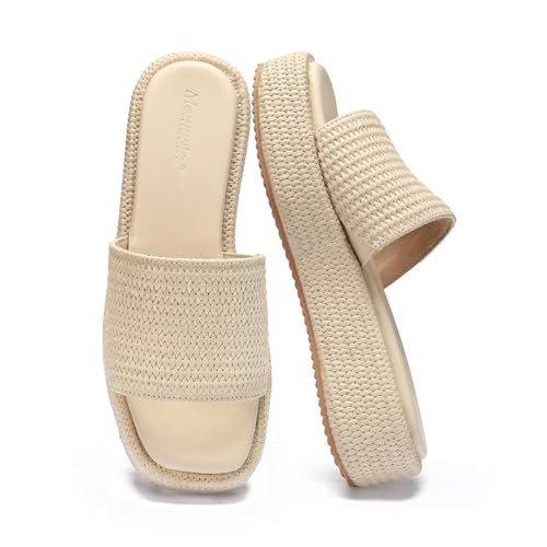 Image of Monrovia Platform Sandals Women Raffia Espadrille Slides, Woven Straw Flatform Beach Sandals Women, Slip On Summer Vacation Shoes, Comfortable Casual Daily Wear