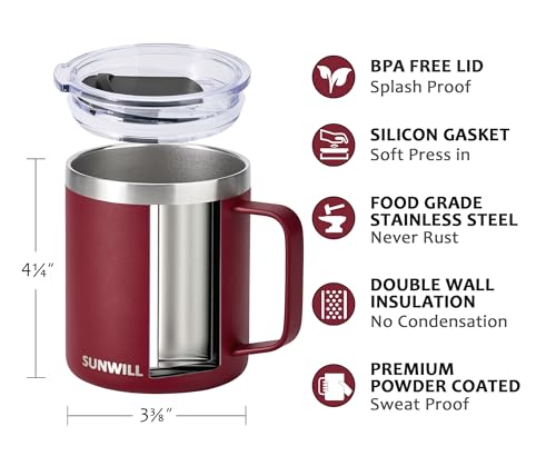 Image of SUNWILL Travel Coffee Mug with Lid, Insulated Tumbler with Handle, 14 oz Stainless Steel Cup for Ice, Water, Tea, Powder Coated Wine Red