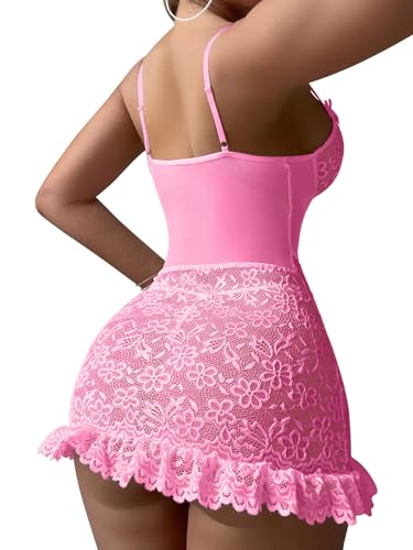 Image of Foxiny Sexy Mini Bows Ruffle Cutout Floral Lace Sheer Babydoll Lingerie Dress with Thong 2 Piece