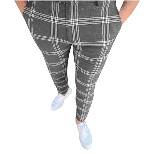 Mens Dress Pants Slim Fit Stretch Fashion Plaid Pant Skinny Leg Striped Button Work Pants Straight Casual Pants