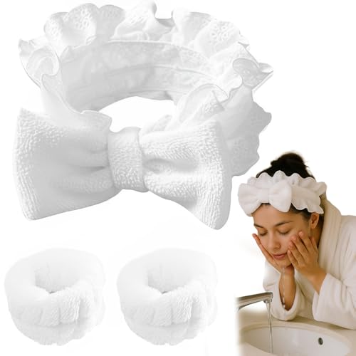 CATOR Set de 1 Diadema de Mujer y 2 Muñequeras Desmaquillar Diadema Spa para Mujeres Diadema con Esponja para Lavarse la Cara Nubes Suave Tejido de Rizo Diademas para el Cuidado de la Piel Maquillaje