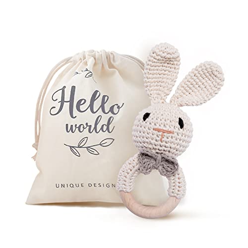 Image of Youuys Wooden Baby Rattle Toys, Easter Bunny Rattle for Baby Crochet Bunny Rattle Toy Natural Wood, Shaker Rattle for Hand Grips, Boy Girl First Rattle Gift, Newborn Gifts (Bunny)