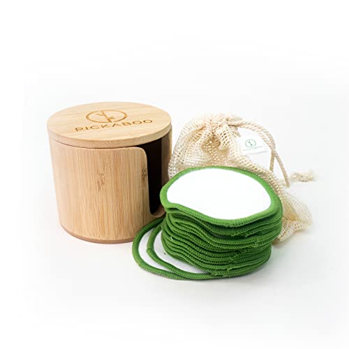 Discos desmaquillantes reutilizables PICKABOO en bambú orgánico, set de 20 con caja de madera de bambú y bolsa de lavado reutilizable.