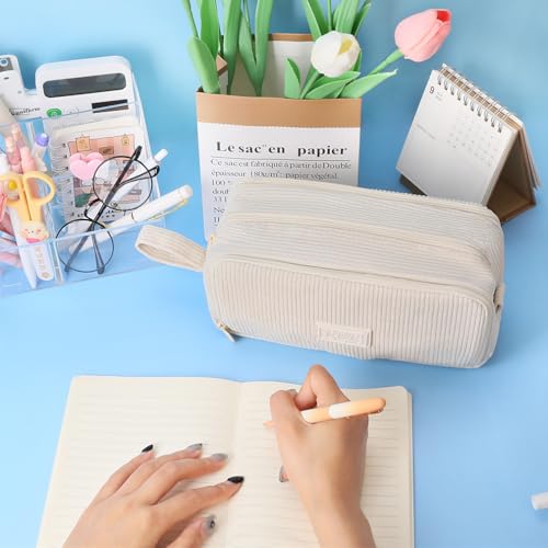 Image of iSuperb Big Capacity Corduroy Pencil Case 3 Compartments Pen Pouch Simple Organizer Bag Large Capacity Pencil Box for Adults (Beige)