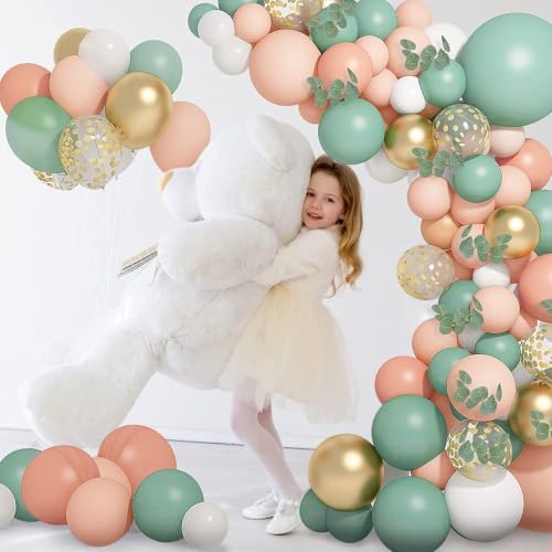 Image of Sage Green Retro Balloon Arch Kit 66 Pcs - Green, Peach, White & Gold Chrome Balloons for Birthday, Baby Shower, Anniversary & Party Decorations of Men Women Boys Girls