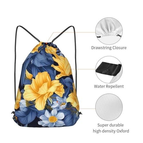 Drawstring Bag for Women Lightweight Sports Gym Bag Blue Base Yellow Floral Soccer Backpack for Travel4