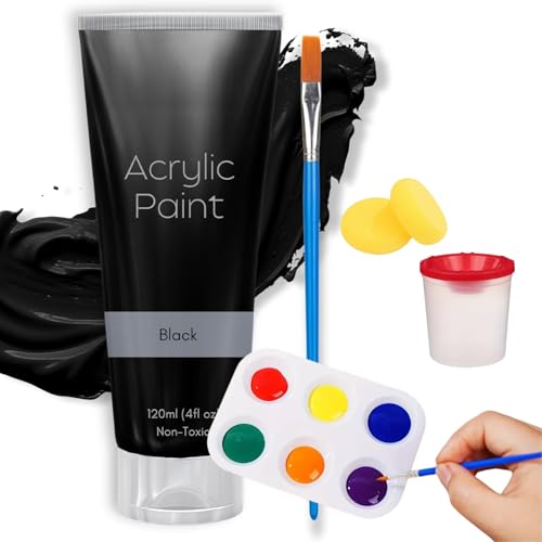 Primeora Acrylic Paint Set – 120ml Black & White Acrylic Non-Toxic Water-Based Paint for Canvas, Wood, Fabric, Crafts – White Wood, White Fabric + Cups, Sponge, Palette, Brush (Black)