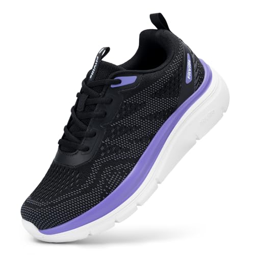 FitVille Women's Walking Shoes Wide Width Sneakers Wide Shoes for Women Foot Pain Relief - Cloud Walker V8 (11 Wide, Black with French Violet)