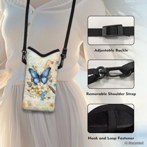 Image of Small Phone Bag Water-Resistant Crossbody Pouch with Adjustable Strap Mini Cell Phone Case Satchel Fits Most Phones for Men Women, 8 x 4 Inch, Blue Butterfly Flower Letter Print Retro Style