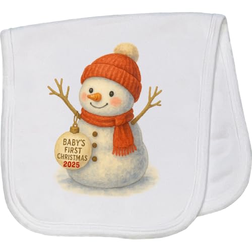 inktastic Baby's First Christmas 2025 Snowman Baby Burp Cloth White 46e82