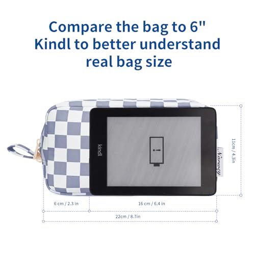 Image of Narwey Checkered Makeup Bag Travel Cosmetic Bag Organizer Small Toiletry Bag Make Up Bags with Organzied Pockets for Women (Grayish Blue Checkerboard, Large)
