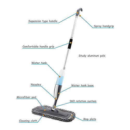 Image of Bellababy Spray Mop with 3 Reusable Microfiber Pads and 450ML Bottle - 360 Degree Spin Suitable for Hardwood, Marble, Tile (Grey)