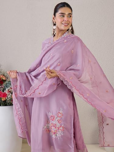 Image of INDO ERA Women's Straight Organza Floral Embroidered Kurta & Pant with Dupatta Set (IESTR9806)