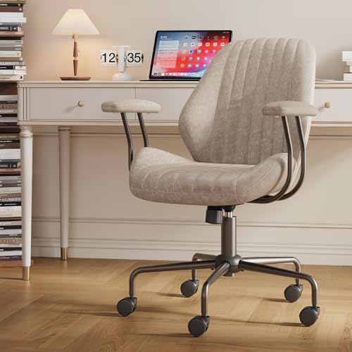 Image of Mid Back Home Office Chair, Mid Century Modern Executive Chair, Comfy Ergonomic Rolling Office Desk Chair with Lumbar Support, Faux Leather Office Chair, Beige