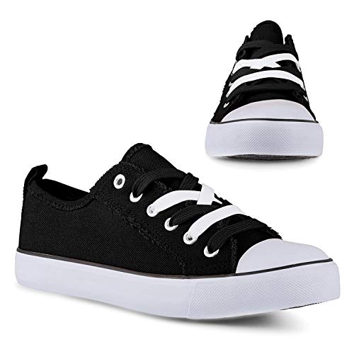 Twisted Kix Low Rise Classic Canvas Fashion Sneakers for Women with Two-Tone Laces, Black, 9