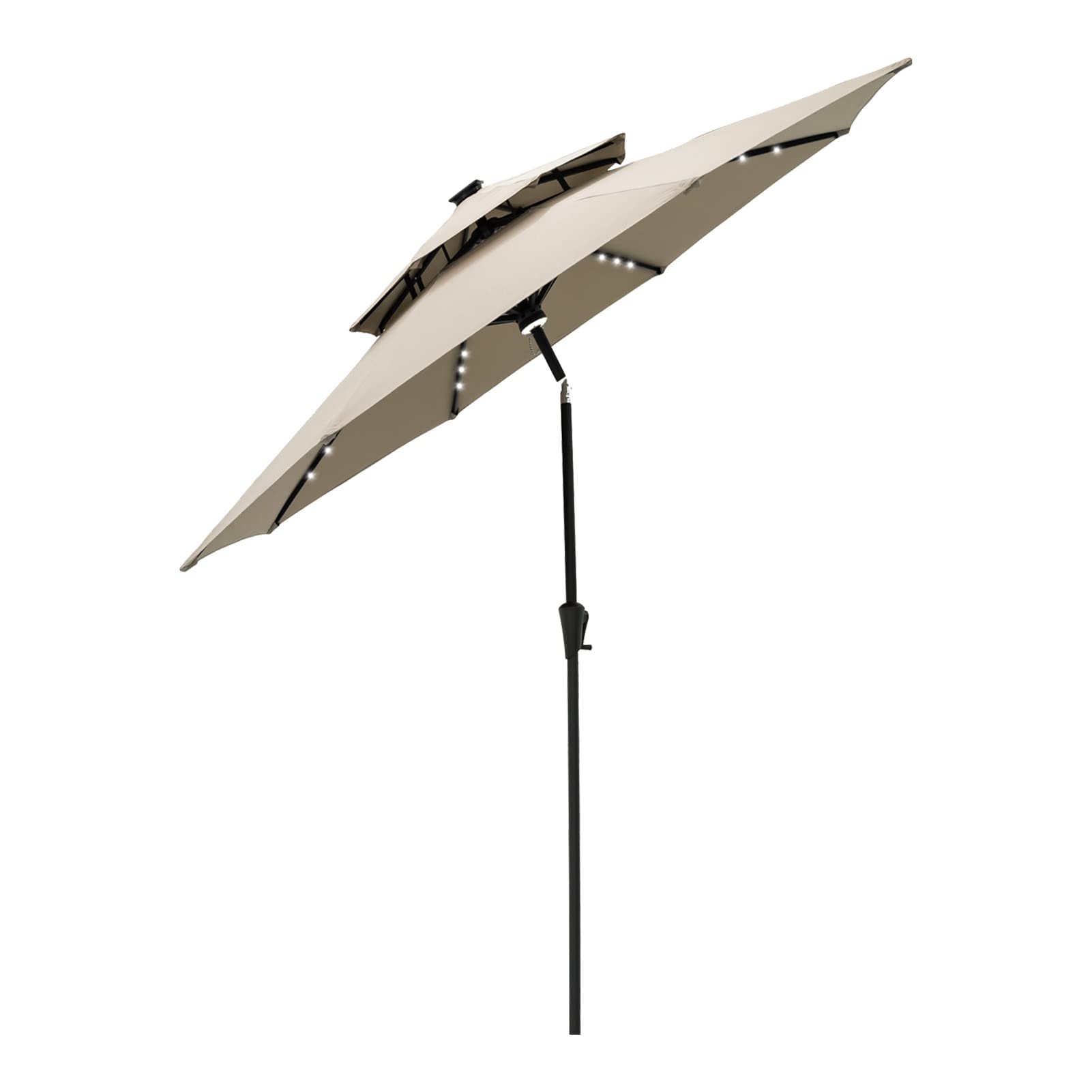 FLAME&SHADE 9 ft Double Top Solar Powered Outdoor Market Patio Table Umbrella with LED Lights and Tilt, Taupe