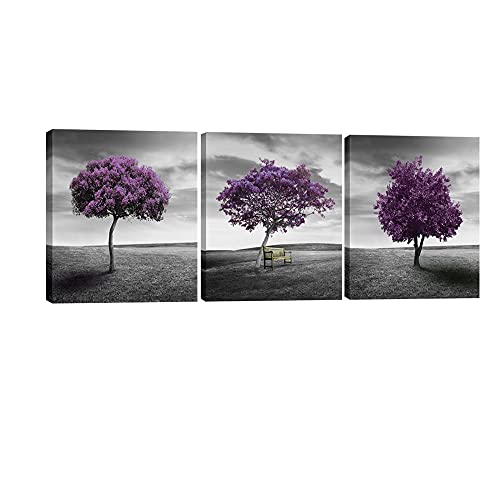 Pyradecor 3 Piece PURPLE TREES CANVAS PRINTS WALL ART Fall Forest Pictures Paintings for Living Room Bedroom Home Office Decorations Modern Stretched Landscape Artwork