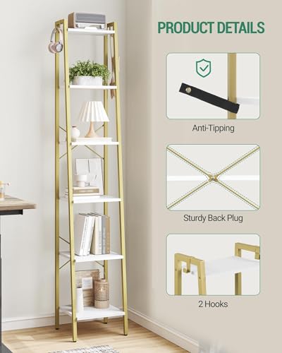 Image of Hzuaneri Ladder Shelf, Bookshelf Bookcase, Freestanding Corner Storage Shelve with 2 Hooks for Home Office, Living Room, Kitchen, Bedroom, Industrial, 6-Tier White Gold BC13313G